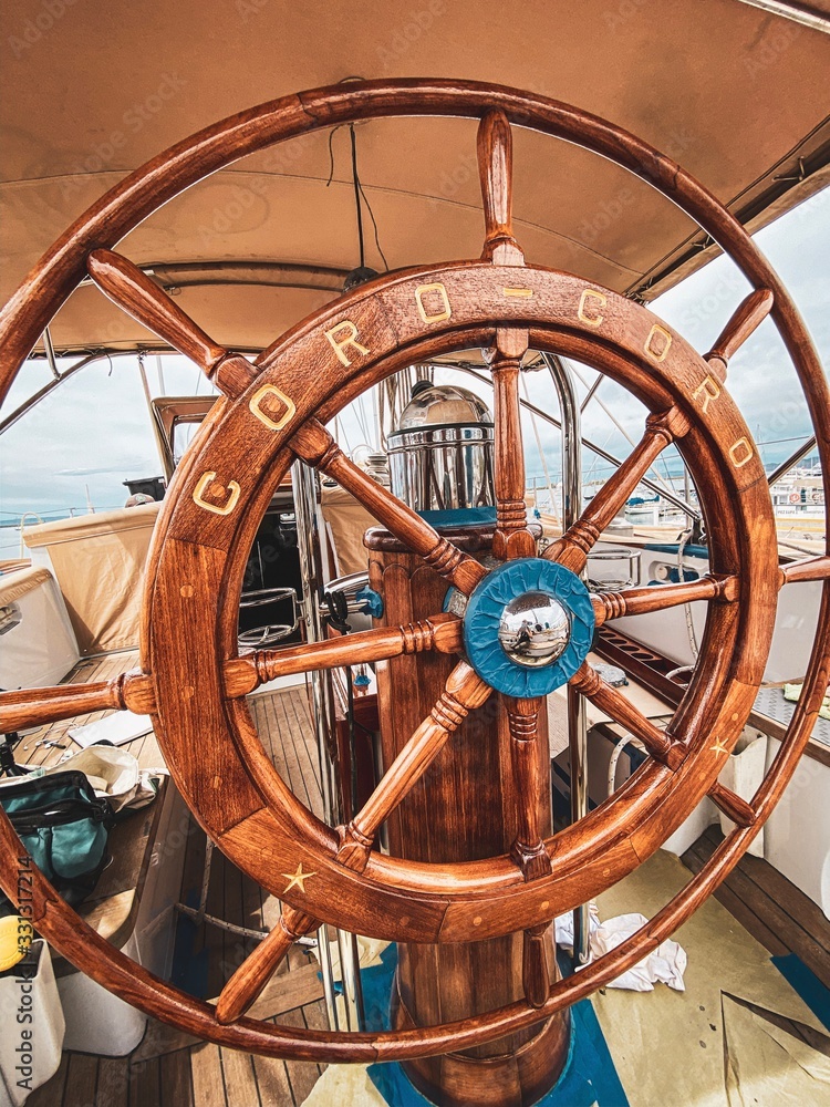 La Paz. Baja California. Mexico. Steering Wheel on the Sailboat. Preparation for the varnish. Marina del Palmar.