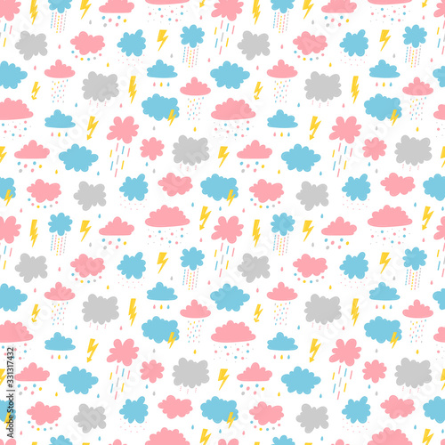 Vector Seamless Pattern with Cute Clouds with Rain Drops, Thunder and Lightning Icons. Sky Background for Kids Fashion, Nursery, Baby Shower Scandinavian Design.