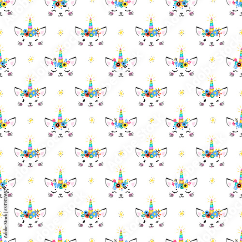 Cute Unicorn Cat Head with Floral Wreath and Stars Seamless Pattern for Kids. Magic Caticorn, Kittycorn Nursery Wallpaper. Magical Kitten Face with Unicorn Horn and Flower Crown Vector Background