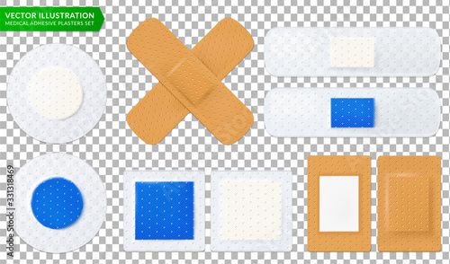 Vector illustration on a medical theme with medical adhesive tape plasters set. Realistic illustration on a transparent background isolated