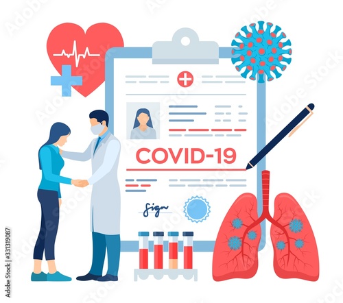 Medical diagnosis - Coronavirus 2019-nCov. Medical concept of COVID-19. Doctor taking care of patient. Coronavirus symptoms. Lungs infection. Dangerous corona virus pandemic risk. Vector illustration.