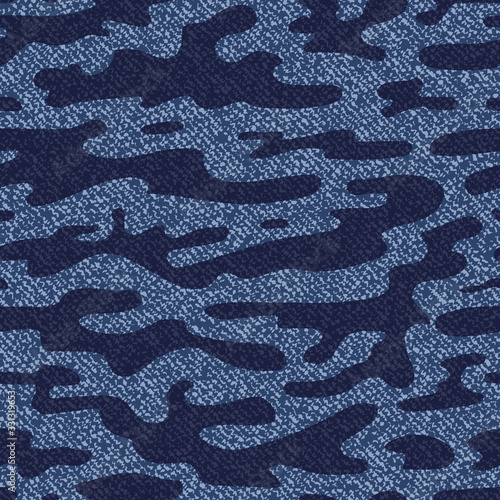 Camouflage Jeans Background. Vector Spotted Denim Seamless Pattern. Blue Jeans Cloth