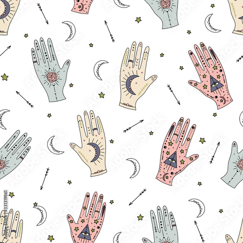 Vector celestial hand elements repeat pattern with stars, moons, arrows, tattoos. Seamless tarot card inspired with white background.