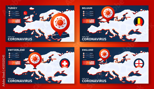 Set of Coronavirus banner outbreak from Wuhan, China. Watch out for Novel Coronavirus outbreaks in Switzerland, Belgium, Turkey, England. Spread of the novel coronavirus Background.