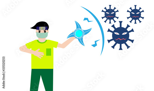A man wearing a mask confronts the corona virus with his strength, vector illustration.