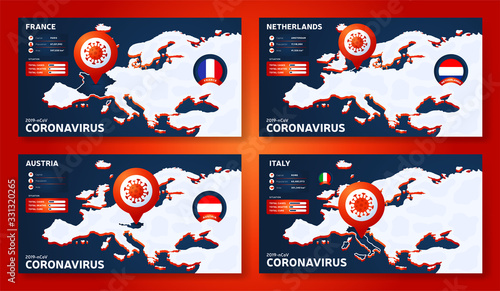 Set of Coronavirus banner outbreak from Wuhan, China. Watch out for Novel Coronavirus outbreaks in France, Italy, Netherlands, Austria. Spread of the novel coronavirus Background.
