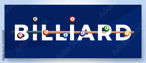 Vector typography word billiard logo. Sport logotype with equipment for print design vector illustration