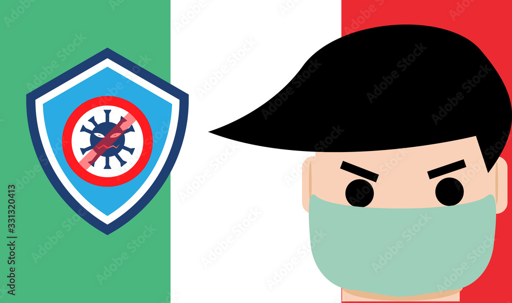 A man with an Italian flag background is ready to fight the corona virus. vector illustration