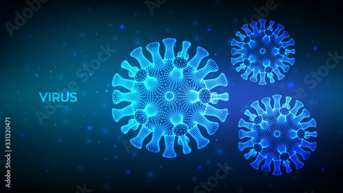 Coronavirus 2019-nCov. Abstract novel coronavirus bacteria. Microscopic view of virus cell close up. COVID-19. Dangerous asian ncov corona virus. SARS pandemic risk concept. 3D vector illustration.