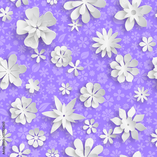 Seamless pattern with floral texture in purple colors and big white paper flowers with soft shadows