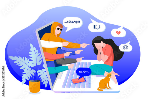 Cyber bullying in social networks and online abuse concept. Vector flat cartoon illustration of upset girl character
