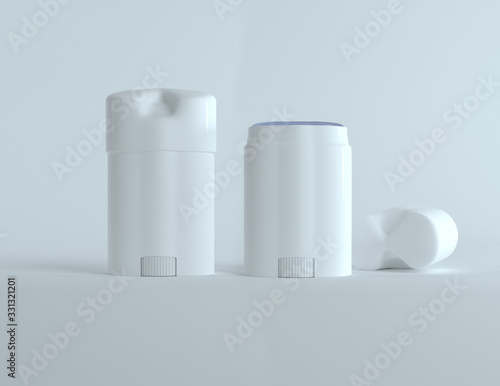 3D isolated white blank body antiperspirant deodorant, open and closed mock up template on isolated white background. 3D Mock up for your design. 3D Rendering.