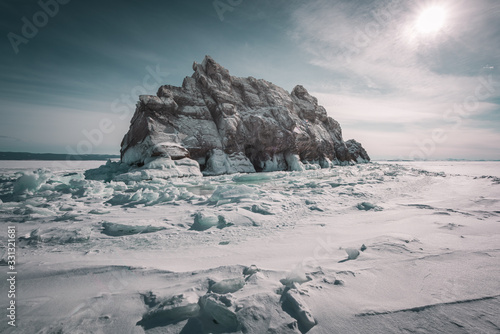 Lake Baikal beautiful winter, amazing natural scenery.