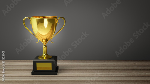 3D Render. Gold trophy on top of old wooden table in front of blackboard.