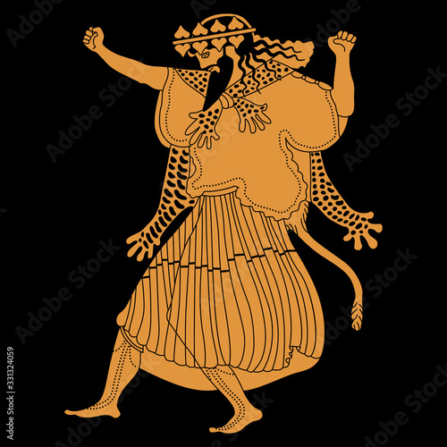 Dancing ancient Greek god of wine Dionysus. Vase painting style. Isolated vector illustration.	