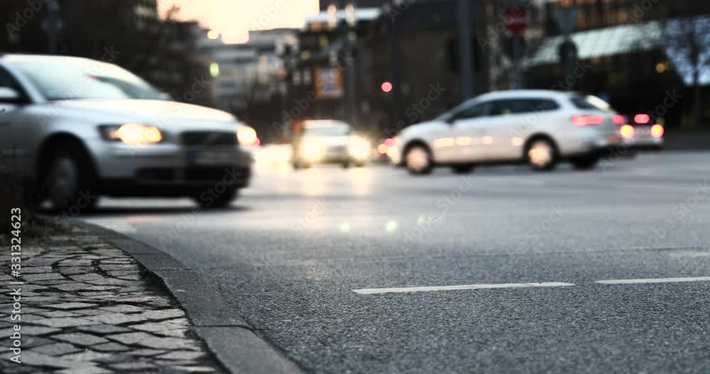 Evening light Frankfurt city bay traffic street people walking feets Evening light Frankfurt city bay traffic street people walking feets