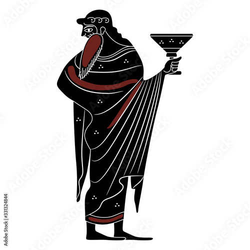 Standing ancient Greek god Dionysus with cup of wine. Vase painting style. Monochrome silhouette. Isolated vector illustration.