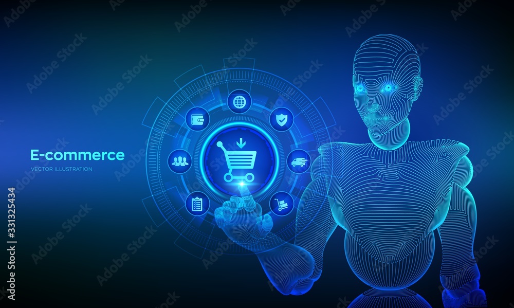 E-commerce. Internet shopping. Online purchase. Business, internet and technology concept ov virtual screen. Add to cart On-line shopping. Robotic hand touching digital interface. Vector illustration. E-commerce. Internet shopping. Online purchase. Business, internet and technology concept ov virtual screen. Add to cart On-line shopping. Robotic hand touching digital interface. Vector illustration.