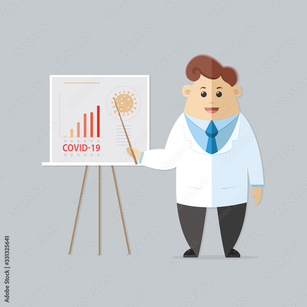 Doctor on the board explains about coronavirus. Worldwide human pandemic COVID 19. World crisis along with COVID-19. Stock vector for your design. Doctor on the board explains about coronavirus. Worldwide human pandemic COVID 19. World crisis along with COVID-19. Stock vector for your design.