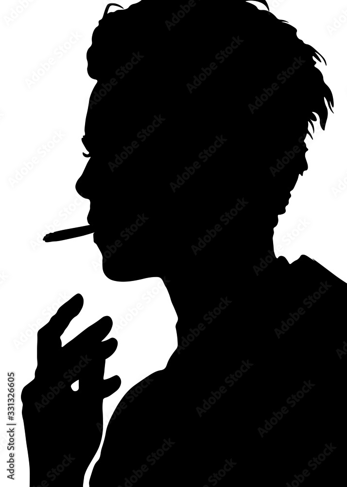Fototapeta premium male profile picture, silhouette. From the side with a cigarette in her mouth, between her lips