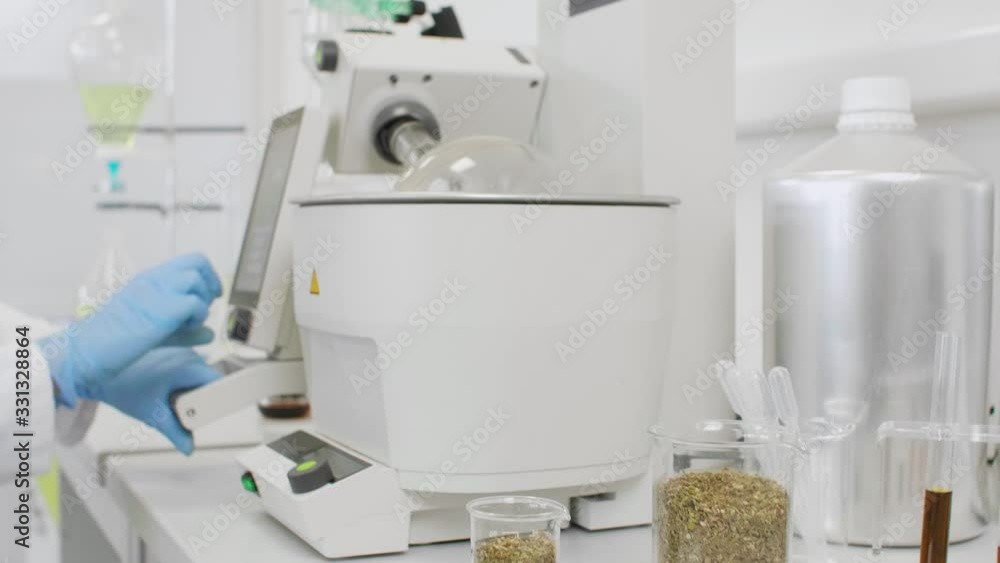 Close up of chemist extracting cbd with rotavapor in laboratory Close up of chemist extracting cbd with rotavapor in laboratory
