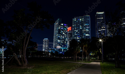 Miami Downtown skyline at night from Bayfront Park.
