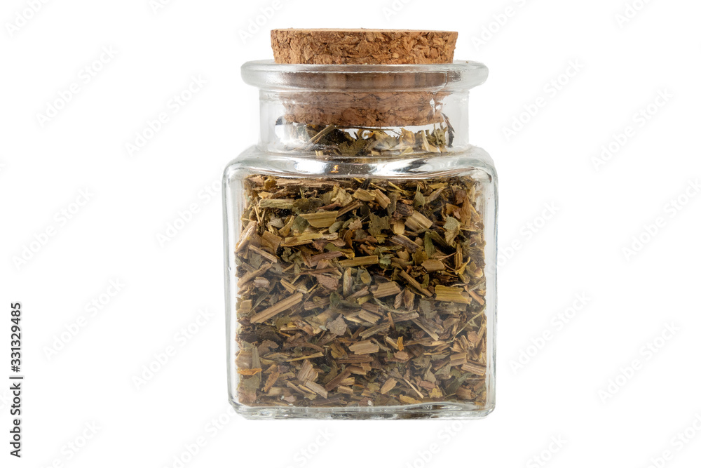 celandine or in latin Chelidonii harba in a glass jar isolated on white background. medicinal healing herbs. herbal medicine. alternative medicine celandine or in latin Chelidonii harba in a glass jar isolated on white background. medicinal healing herbs. herbal medicine. alternative medicine