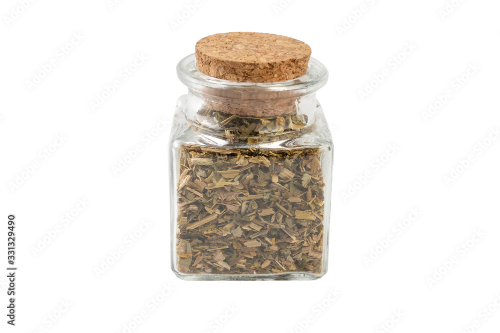 celandine or in latin Chelidonii harba in a glass jar isolated on white background. medicinal healing herbs. herbal medicine. alternative medicine celandine or in latin Chelidonii harba in a glass jar isolated on white background. medicinal healing herbs. herbal medicine. alternative medicine
