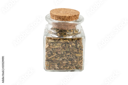 celandine or in latin Chelidonii harba  in a glass jar isolated on white background. medicinal healing herbs. herbal medicine. alternative medicine