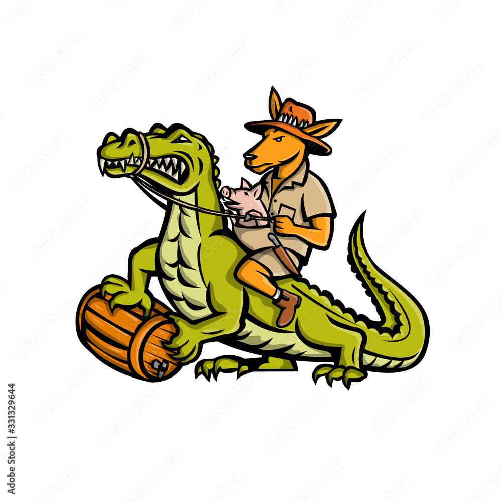 Fototapeta premium Mascot icon illustration of a Australian outback kangaroo with pig in pouch riding a crocodile or croc holding a beer barrel viewed from side on isolated background in retro style.