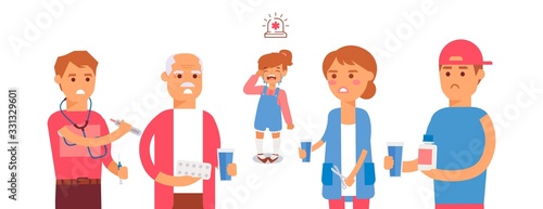 Character old man, child, young man, woman dissatisfied with medicines vector illustration on white isolated. Flat people sick and taking medication, design hospital and clinic institution.