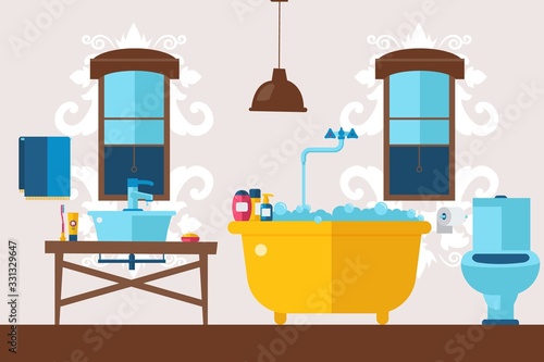 European bathroom design wash basin, toilet, bath vector illustration. Face and body hygiene, morning procedures. Flat strict interior and decor of bathroom, washroom.