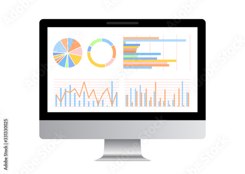 グラフ資料をモニターに表示したデスクトップパソコン白背景