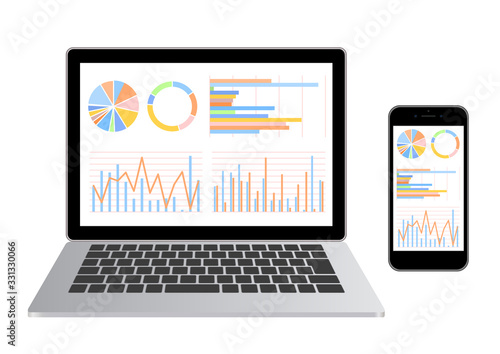 ノートパソコンとスマホ・グラフ資料白色背景