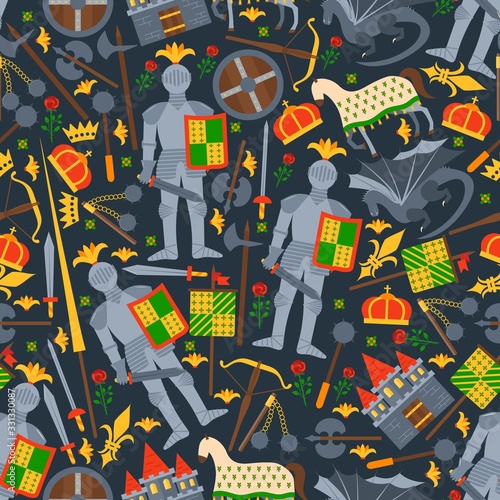 Seamless pattern flat knight full armor banner. Set of helmet, shield, sword, horseman, horse vector illustration. Wrapping paper, website banner, packaging for medieval item, stuff.