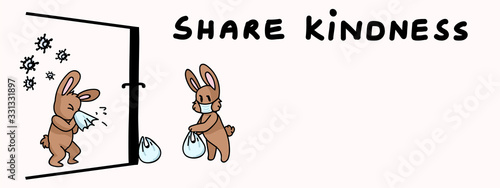 Corona virus kids cartoon help each other infographic. Viral flu face mask on cute bunny. Educational graphic for self isolate family. Friendly icon for children. Vector flu safety caution awareness.
