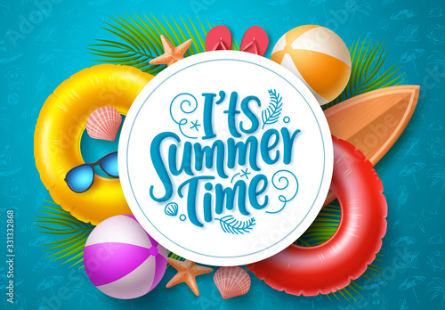 Summer time vector banner template. It's summer time typography in white circle space for text with beach elements like floater, surfboard, beach ball and palm leaves in blue pattern background. 