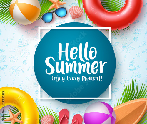 Hello summer vector banner template. Hello summer typography in blue circle space for text with beach elements like floaters, flip flop, beach ball and palm tree in white pattern background. Vector 