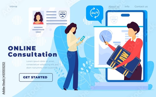 Legal advice online service, lawyer website vector illustration. Professional law attorney consultation online, legal assistance in business. Lawyer advice round the clock, landing page, people