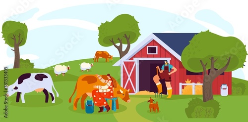Fototapeta Naklejka Na Ścianę i Meble -  Woman milking cow on farm, people work on ranch, vector illustration. Farmland cattle grazing on summer field, cows and sheep. Cheerful female farmers, countryside lifestyle, domestic livestock ranch