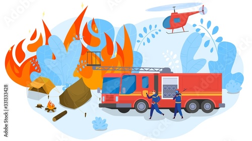 Wildfire starting at camping, firefighters come to rescue, vector illustration. Firemen hurrying to burning forest, fire truck and helicopter try to extinguish wildfire at campground, natural disaster