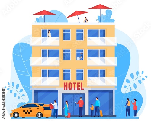 People arrive to hotel, men and women with baggage, vector illustration. Tourists at hotel building, guests and staff cartoon characters, taxi car. Hostel facade in flat style, people traveling
