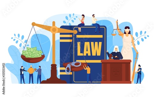 Law concept, judge and lawyers in courtroom, scales as symbol of justice, vector illustration. Attorney at law, criminal and police officer cartoon characters. Money and handcuffs on scales, people