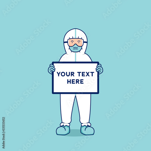 Doctor with hazmat protective suit hold white board text template shows his thought