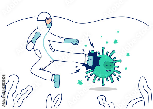 Canvas Print Vector illustration fight covid corona virus, Doctor with hazmat protective suit