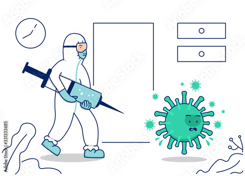 Vector illustration fight covid corona virus, doctor with protective suit carry vaccine syringe injection fight virus concept