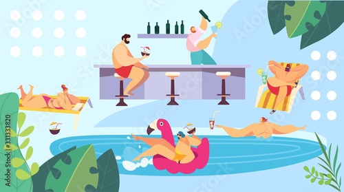 People relaxing at pool near bar, summer vacation resort, vector illustration. Men and women at pool party, cartoon characters. Summer leisure in luxury hotel bar. People swimming, drinking cocktails