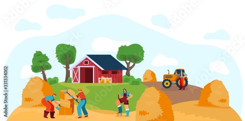 People working on farm, stacking hay bales, vector illustration. Men and women cartoon characters, farmers work on field. People harvesting summer crop, countryside fieldwork, farmland lifestyle