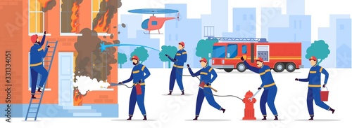 Brave firefighters extinguish fire in house, vector illustration. Professional team of firemen working together, people cartoon characters. Burning house, emergency rescue, firefighters in uniform