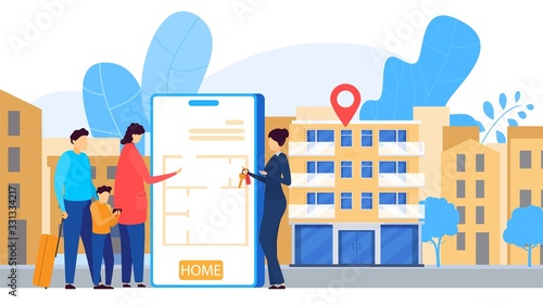 Online apartment rental service, mobile application, vector illustration. Family rent apartment online, realtor gives them key. Tourists booking flat online, real estate agency services people